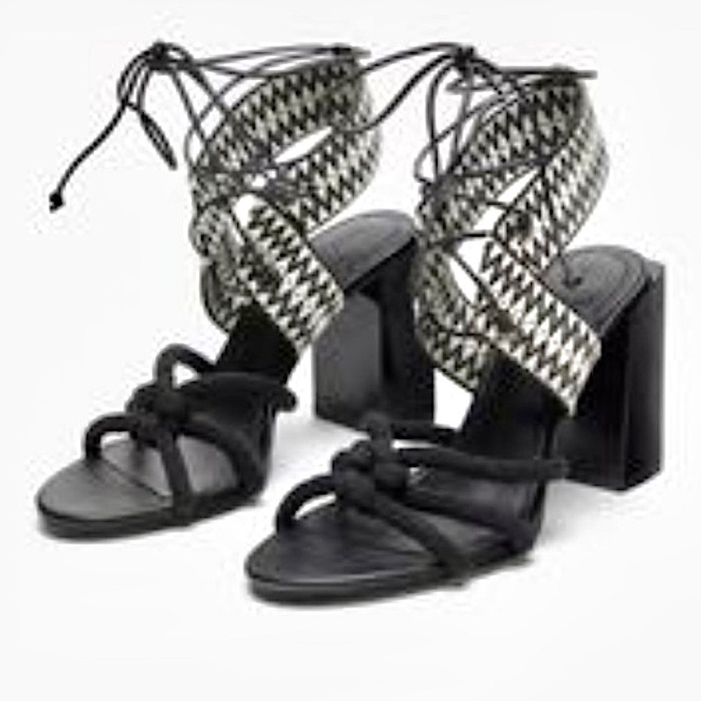 ZARA B & W Aztec Print Tie Block Heels women size 8